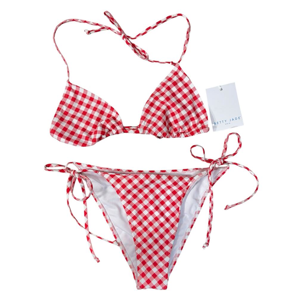 Betty Jade Large Triangle String Bikini Swim Top Bottoms Plaid Tie Straps Lined